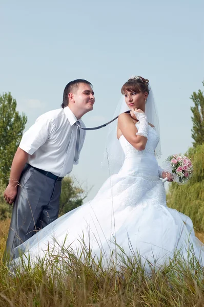 Happy bride and groom in wedding day outdoors — Stock Photo, Image