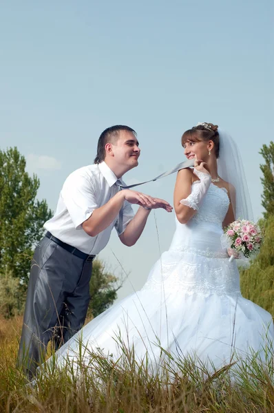 Glückliche Braut und Bräutigam am Hochzeitstag im Freien — Stockfoto