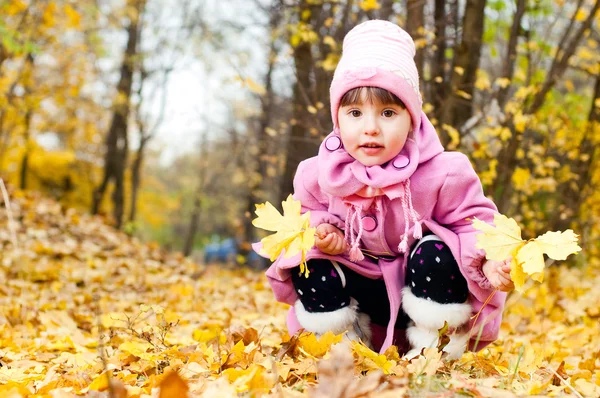 Симпатична дитина гуляє в осінньому парку — стокове фото