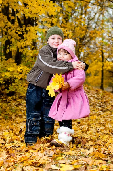 Little boy and girl play in a park in autumn — Stock Photo, Image