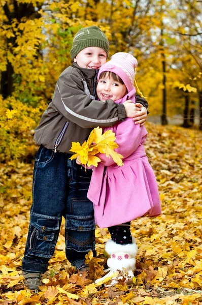 Liten pojke och flicka spela i en park i höst — Stockfoto
