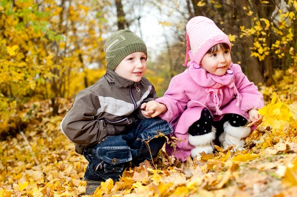 Niño y niña juegan en un parque en otoño — Foto de Stock