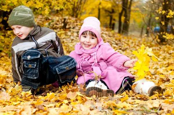 Küçük erkek ve kız parkta Sonbahar oynamak — Stok fotoğraf