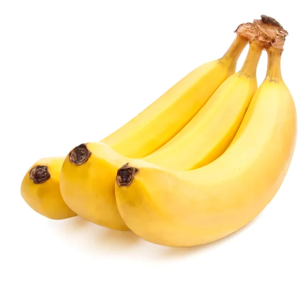 Три желтых банана спелые изолированные Каскад расположен на белом — стоковое фото