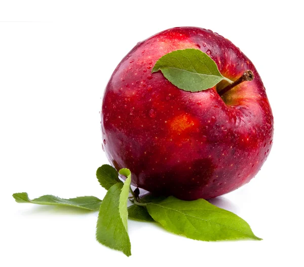 Une pomme rouge juteuse aux feuilles et gouttelettes d'eau — Photo