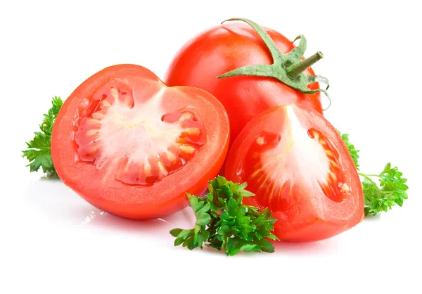 클리핑 경로와 화이트에 잘 익은 토마토와 파 슬 리 잎 — 스톡 사진