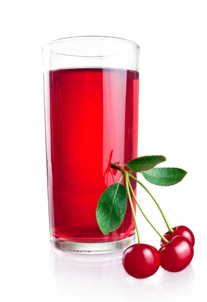 stock image Three ripe cherries with leaves and glass juice isolated on a wh