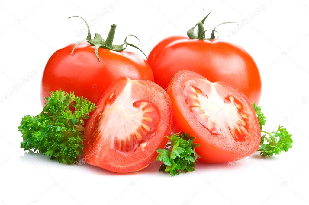 Ripe Tomatoes and parsley leaves on White with Clipping Path