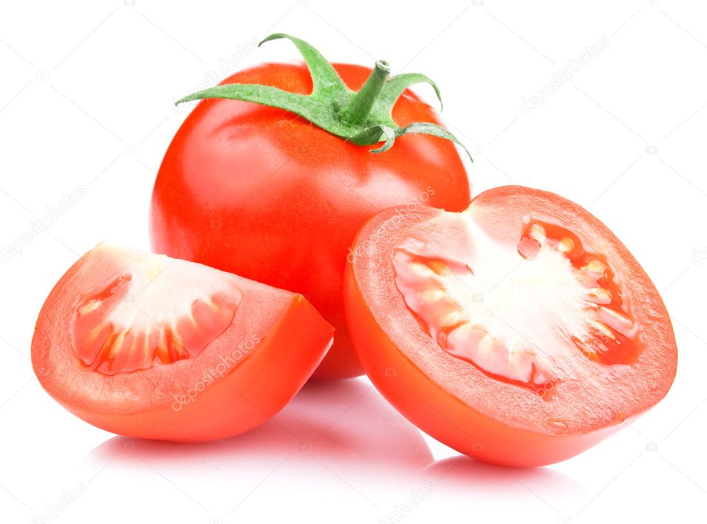 Red Ripe Tomatoes vegetable with cut on White background