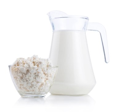 Cup serving of Cottage Cheese and Jug of fresh milk Isolated on clipart