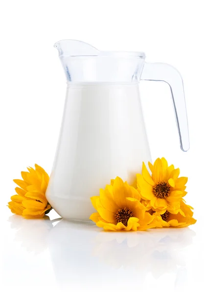 Jug of fresh milk and yellow flowers isolated on white backgroun — Stock Photo, Image