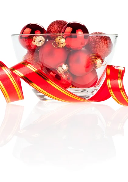 Set of red Christmas balls in the vase and ribbon Isolated on wh — Stock Photo, Image