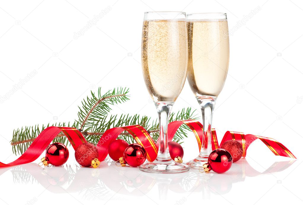 Two Glass of Champagne, Red ribbon, Christmas Balls and Pine Tre