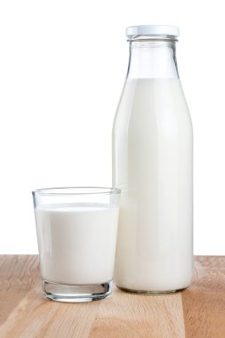 Bottle of fresh milk and glass is wooden table Isolated on white clipart