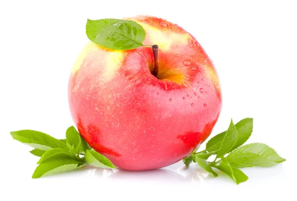 Ett rött saftigt äpple med gröna blad och droppar vatten på en wh — Stockfoto