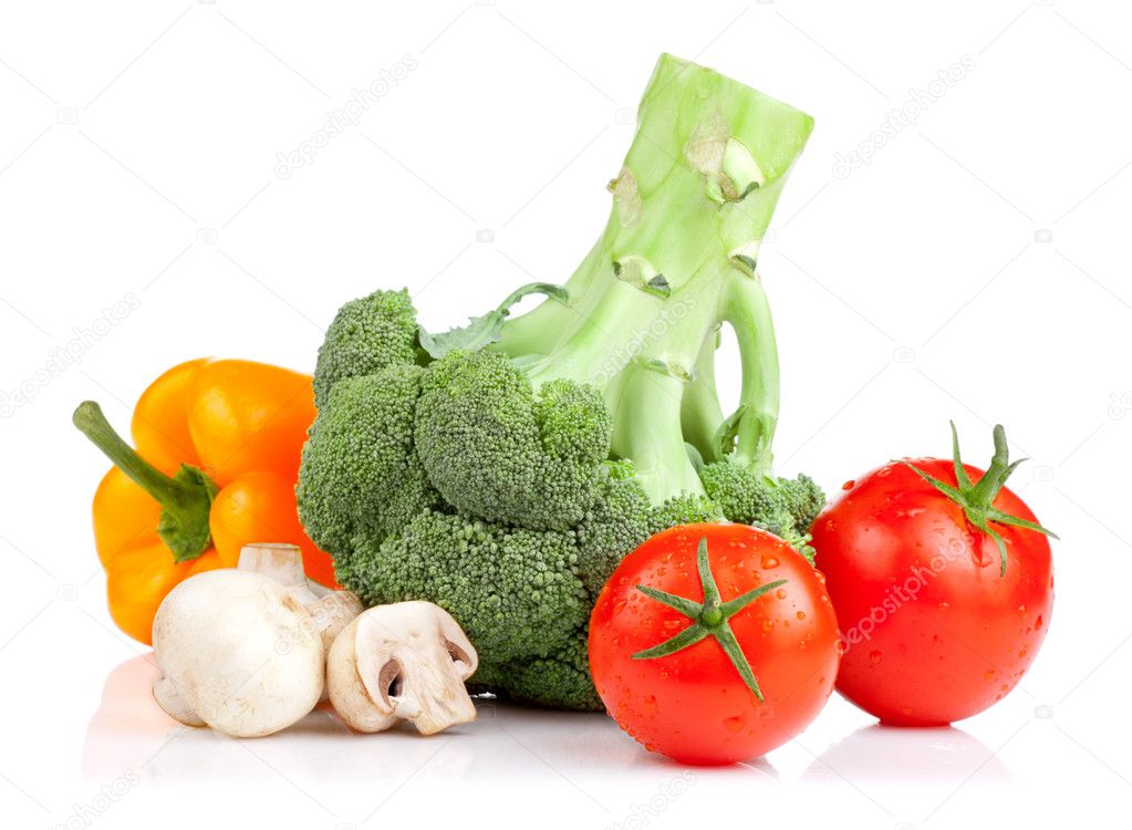 Set of vegetables: Broccoli, tomatoes, mushrooms and yellow pepp