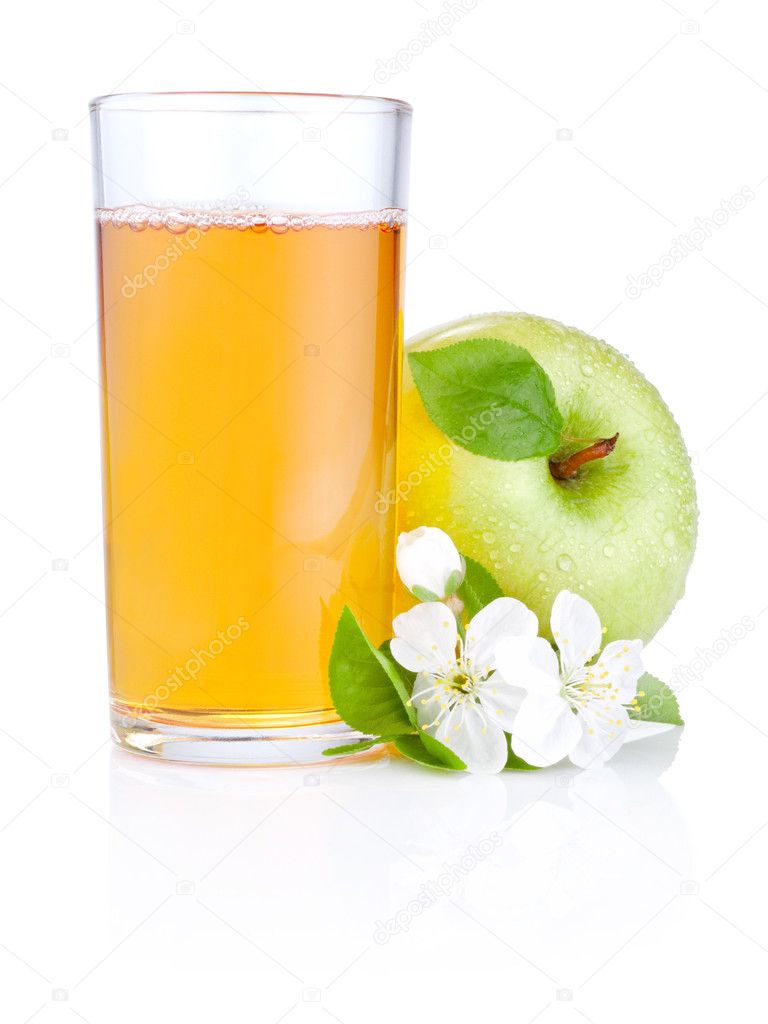 Glass of apple juice, green apples with drops and flowers isolat