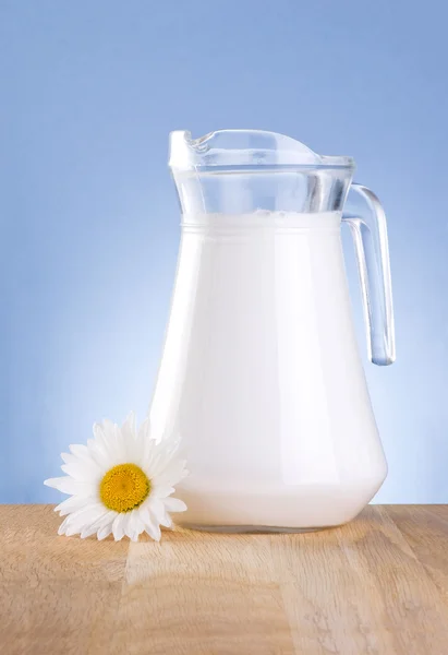 Jug fresh milk and one chamomile flowers is wooden table on a bl — Stock Photo, Image