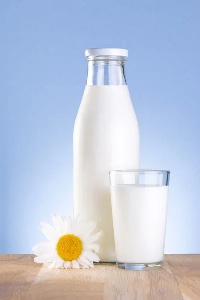 Botella, vaso de leche fresca y flor de manzanilla es mesa de madera —  Fotos de Stock