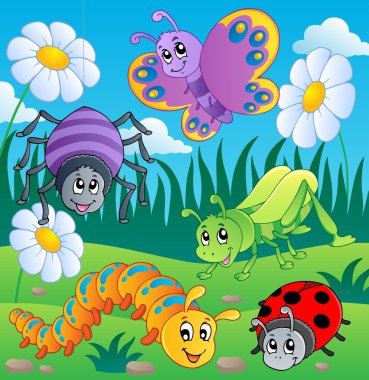 Meadow with various bugs theme 1 clipart