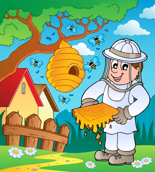 Včelaře s úlu a včely — Stockový vektor