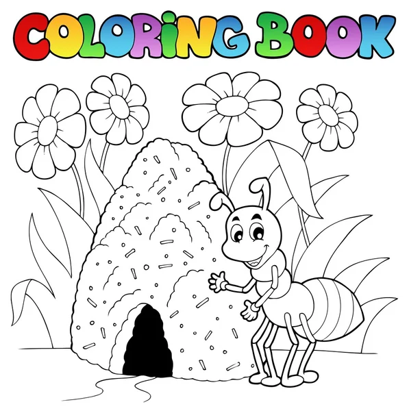 Colorir formiga livro perto de formigueiro — Vetor de Stock
