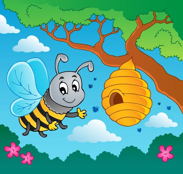 Cartoon bee with hive — Stock Illustration Cartoon bee with hive Stock Vector