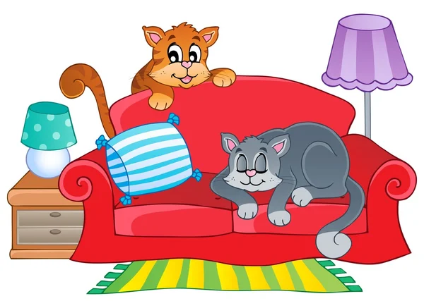 Divano rosso con due gatti cartone animato — Vettoriale Stock