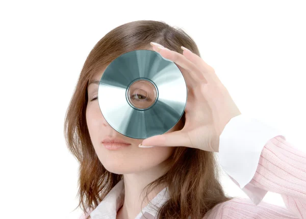 Junge Frau hält Compact Disc in der Hand — Stockfoto