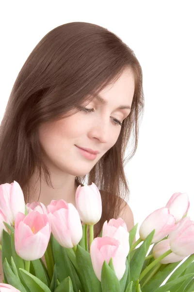 Retrato de mujer con ramo de tulipanes — Foto de Stock