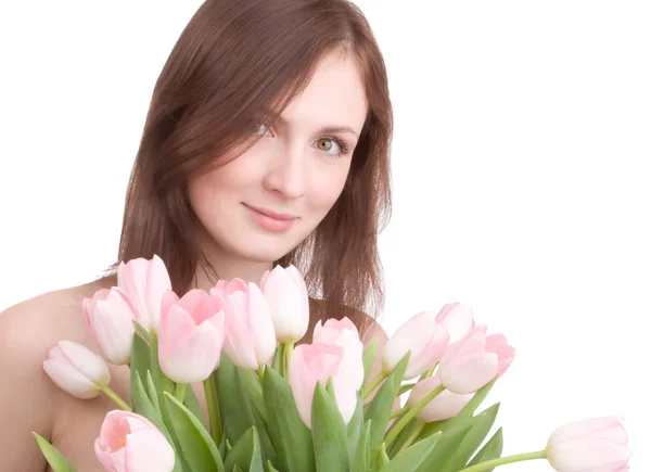 Portrét ženy s kyticí tulipánů — Stock fotografie