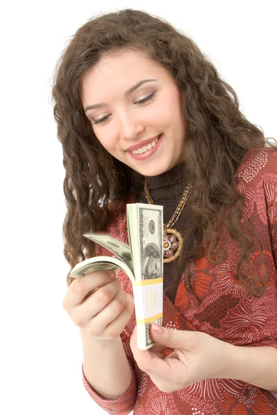 若い女性が示すお金 — ストック写真