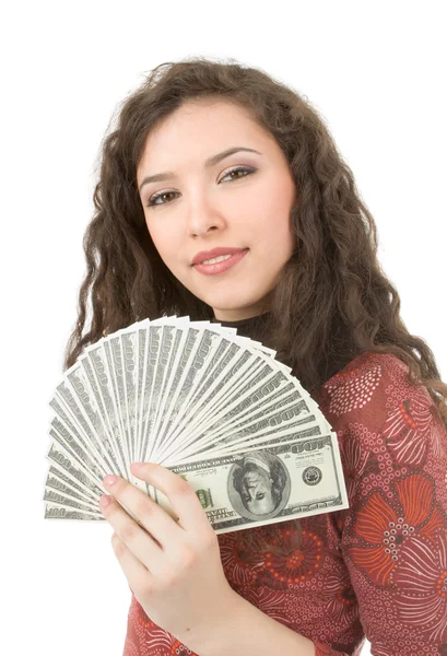 Jovem mulher mostrando dinheiro — Fotografia de Stock