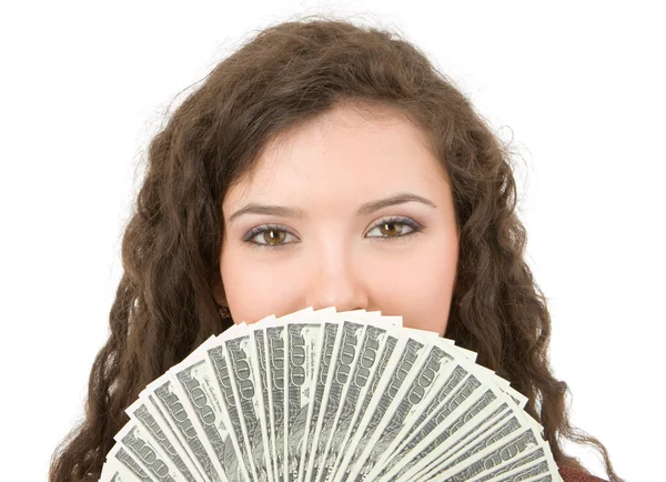 Junge Frau zeigt Geld — Stockfoto