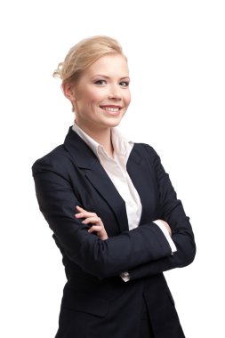 Smiling business woman in a black suit on white background clipart