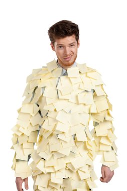 The young male covered with yellow sticky notes clipart