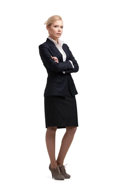 Mulher de negócios em um terno preto, retrato de comprimento total — Fotografia de Stock