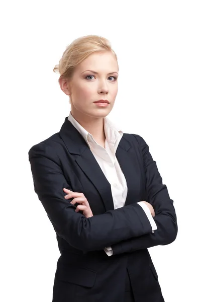 Podnikání žena v černém obleku na bílém pozadí — Stock fotografie