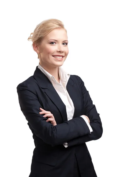 Mosolygó üzleti nő egy fekete öltöny, fehér háttér — Stock Fotó