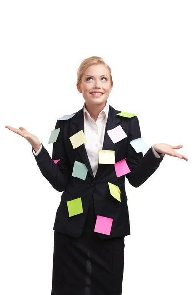 Young businesswoman with stickers on suit — Stock Photo, Image