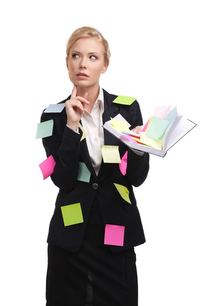 Biznes kobieta myśli z pamiętnika, na białym tle — Zdjęcie stockowe