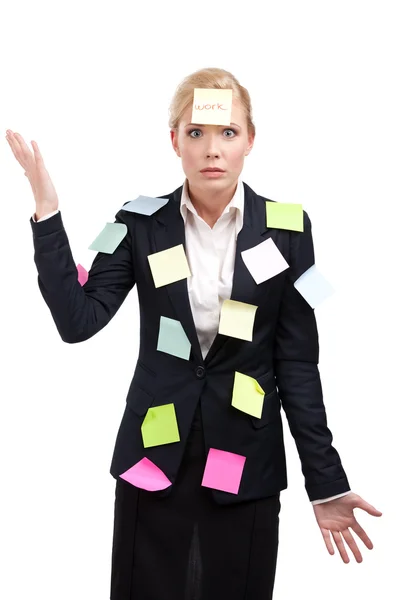 Attractive attractive attractive businesswoman with colored stickers on her face — Stock Photo, Image