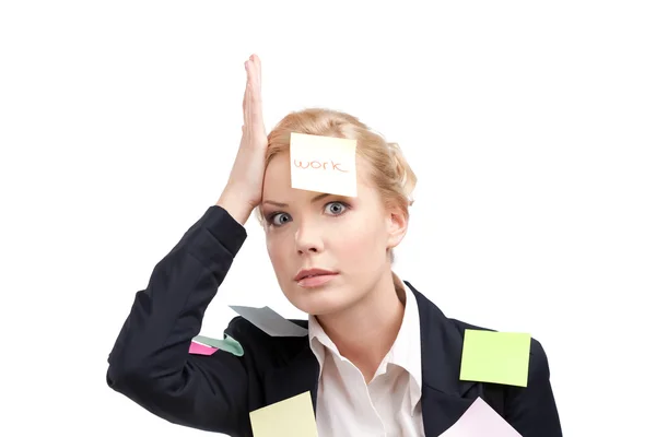 Attractive attractive business woman with colored stickers on her face — Stock Photo, Image
