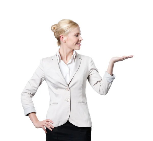 Attractive business woman offers something — Stock Photo, Image