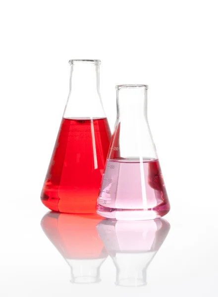 Dos frascos de vidrio Erlenmeyer con un líquido rojo — Foto de Stock