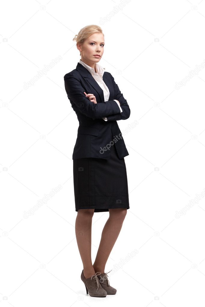 Business woman in a black suit, full length portrait