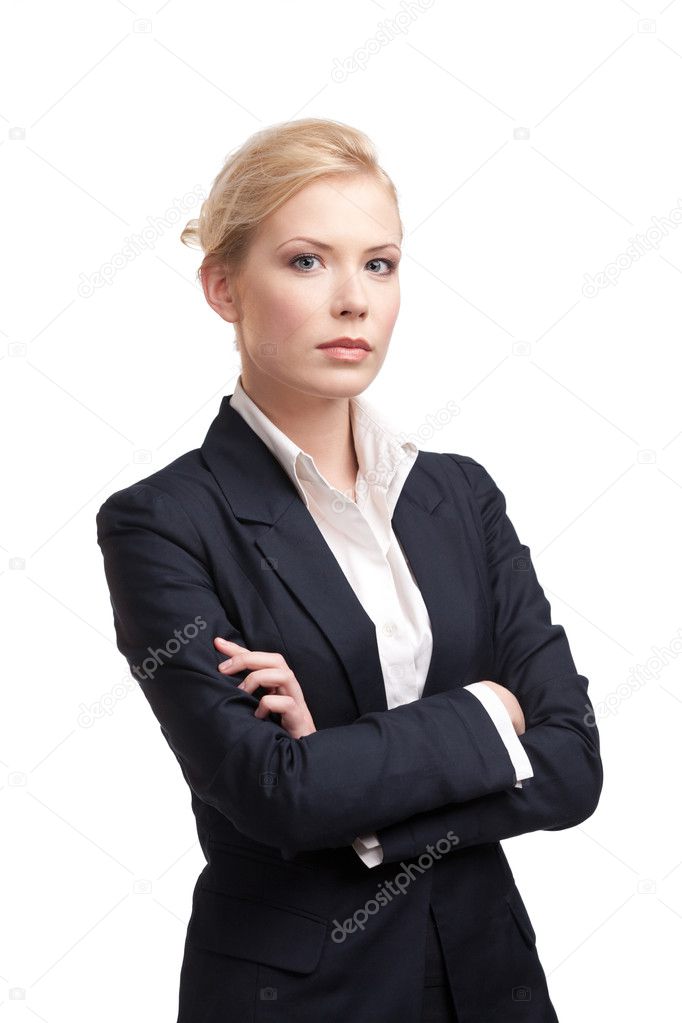Business woman in a black suit on white background Stock Photo by ...
