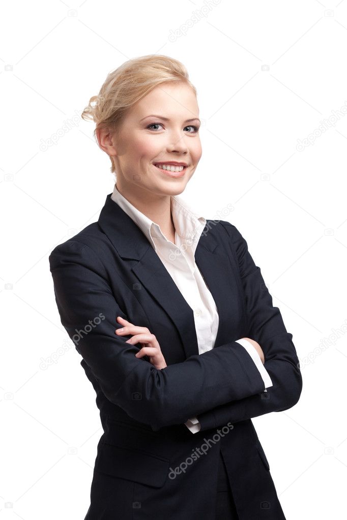 Smiling business woman in a black suit on white background
