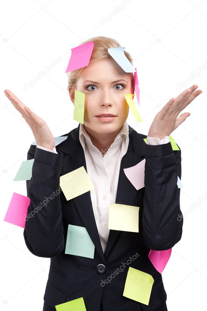 Young business woman with colored stickers on her face