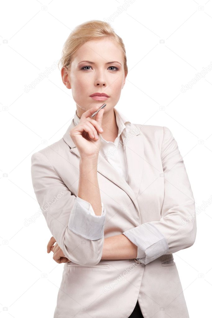 Business woman in a light beige suit